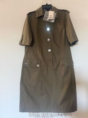 Tory Burch Olive Short-Sleeve Trench Coat with Silver Buttons